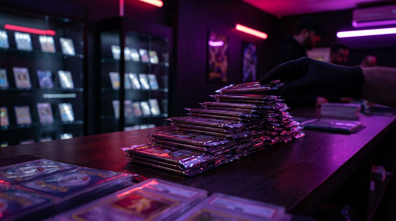 A sealed booster box on a shelf lit dramatically by purple and magenta accent light