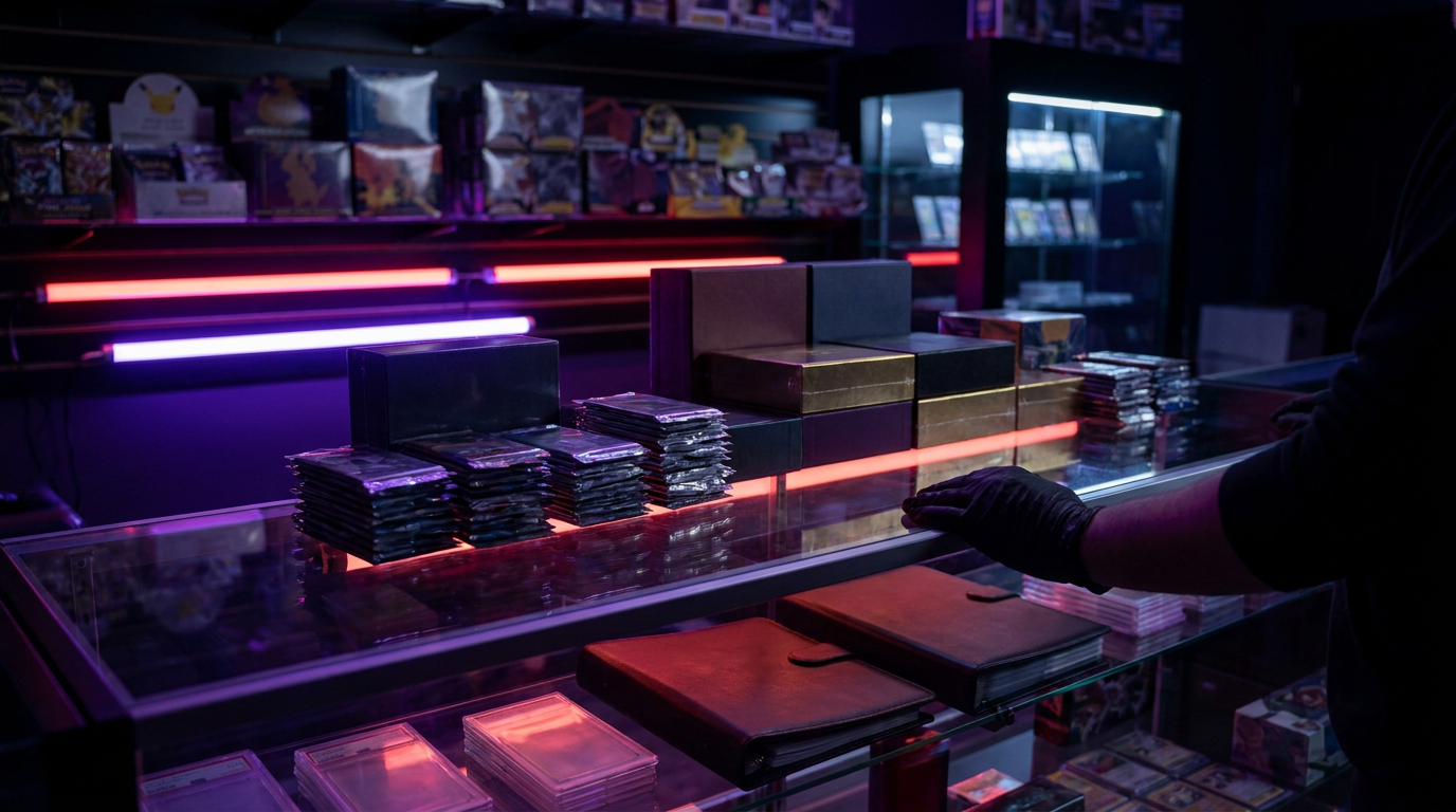 Sealed trading card boxes stacked beside graded slabs in a dark room with crimson neon lighting