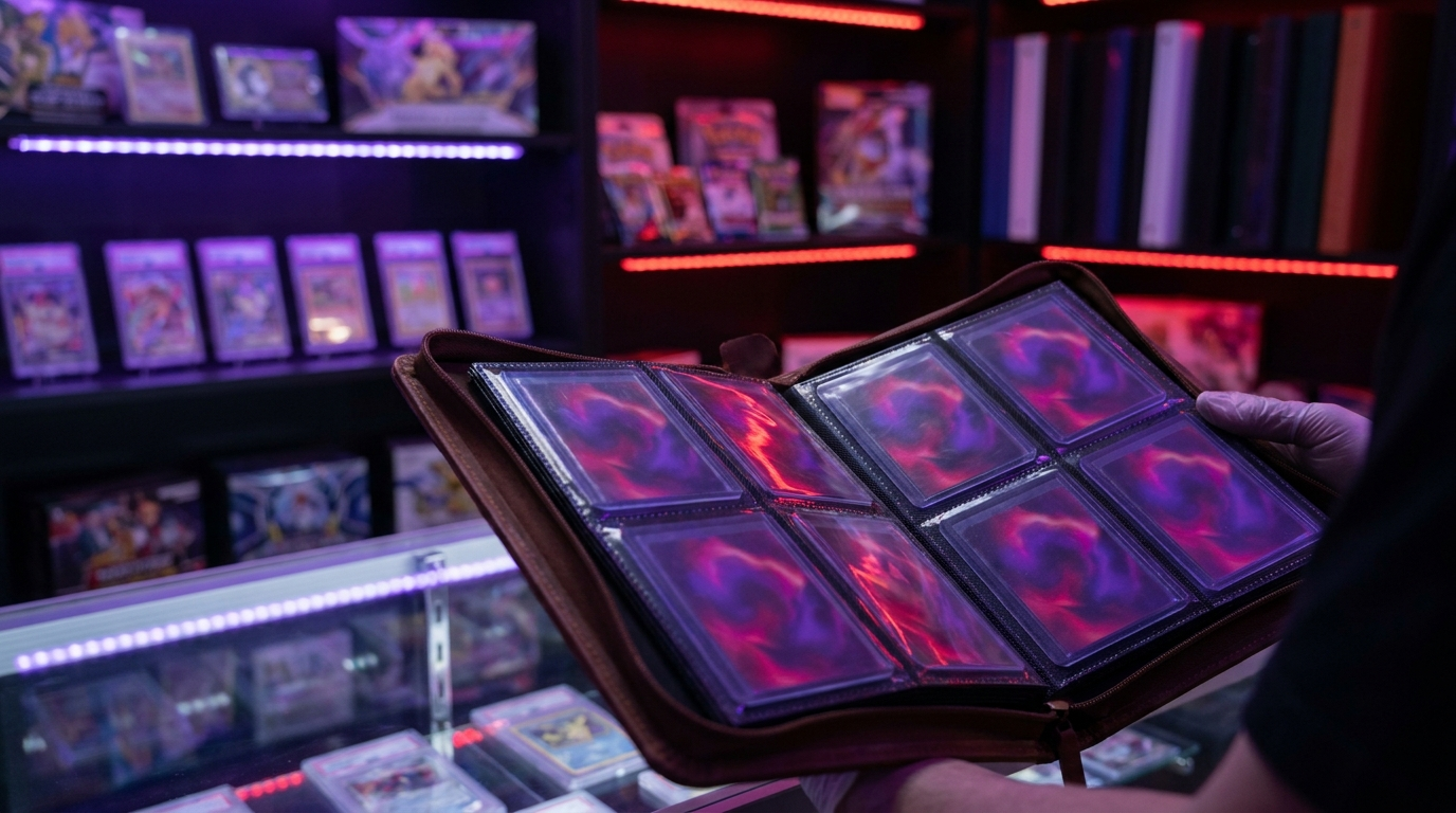 Sealed booster packs from different sets fanned across a dark counter with magenta neon reflections