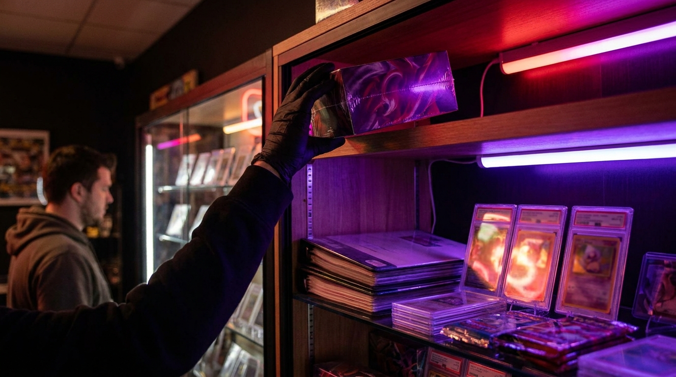 A collector examining a binder page of sleeved cards in moody purple neon shop lighting