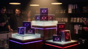 A row of sealed booster boxes displayed like trophies on a dark shelf under purple and crimson neon
