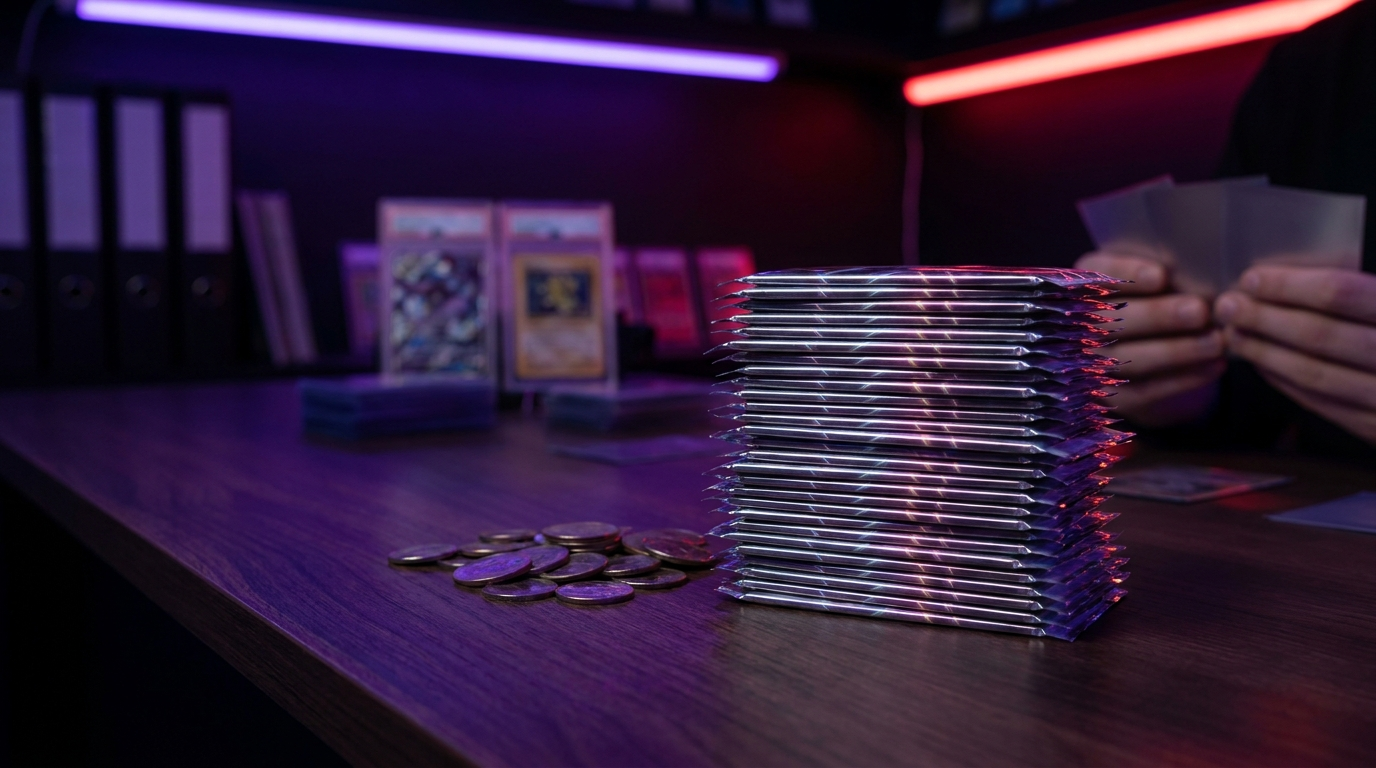 Booster packs stacked in two groups on a dark table, one large pile and one small pile with accessories