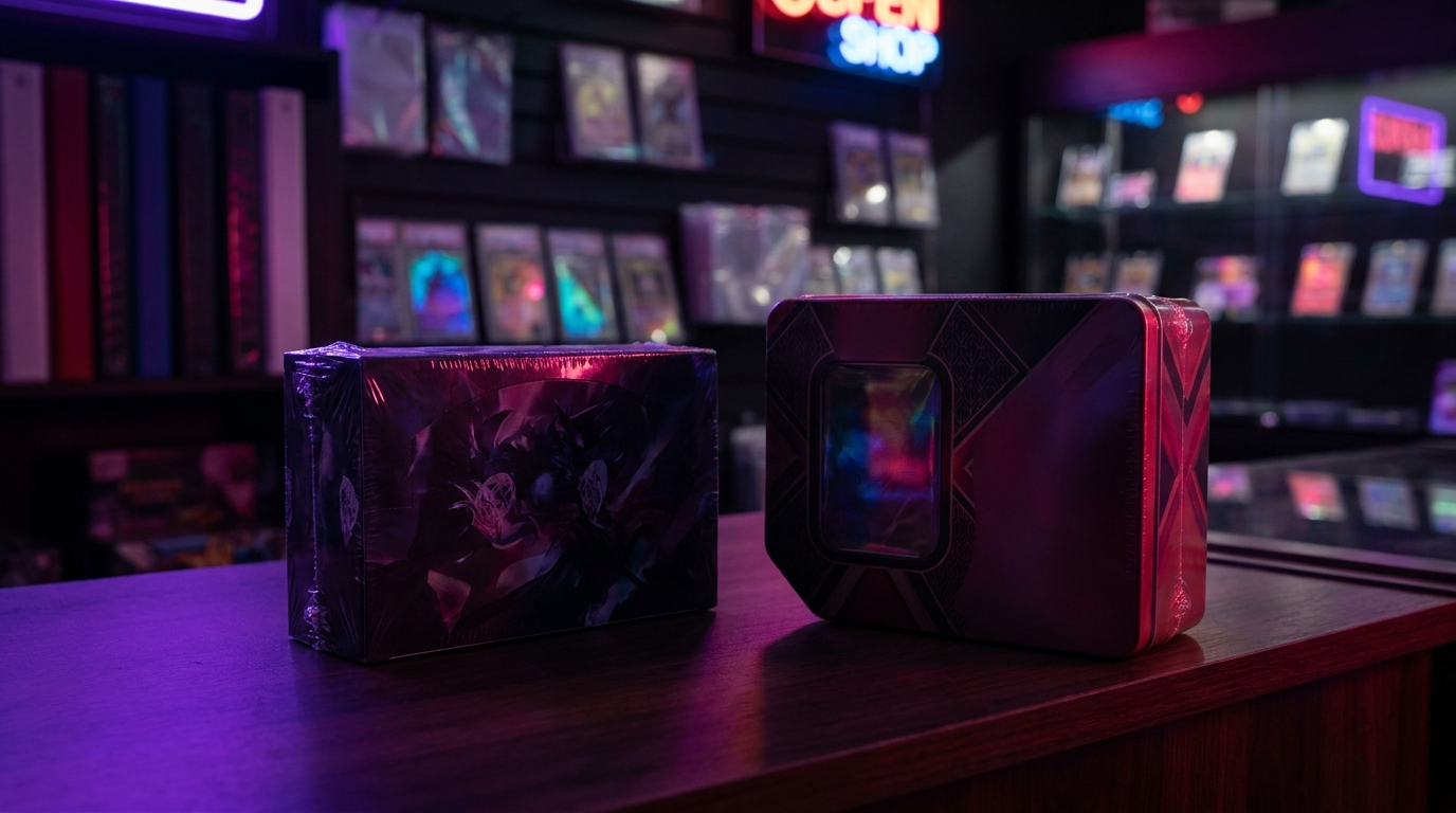 A sealed booster box and an elite trainer style box side by side under purple and crimson neon light