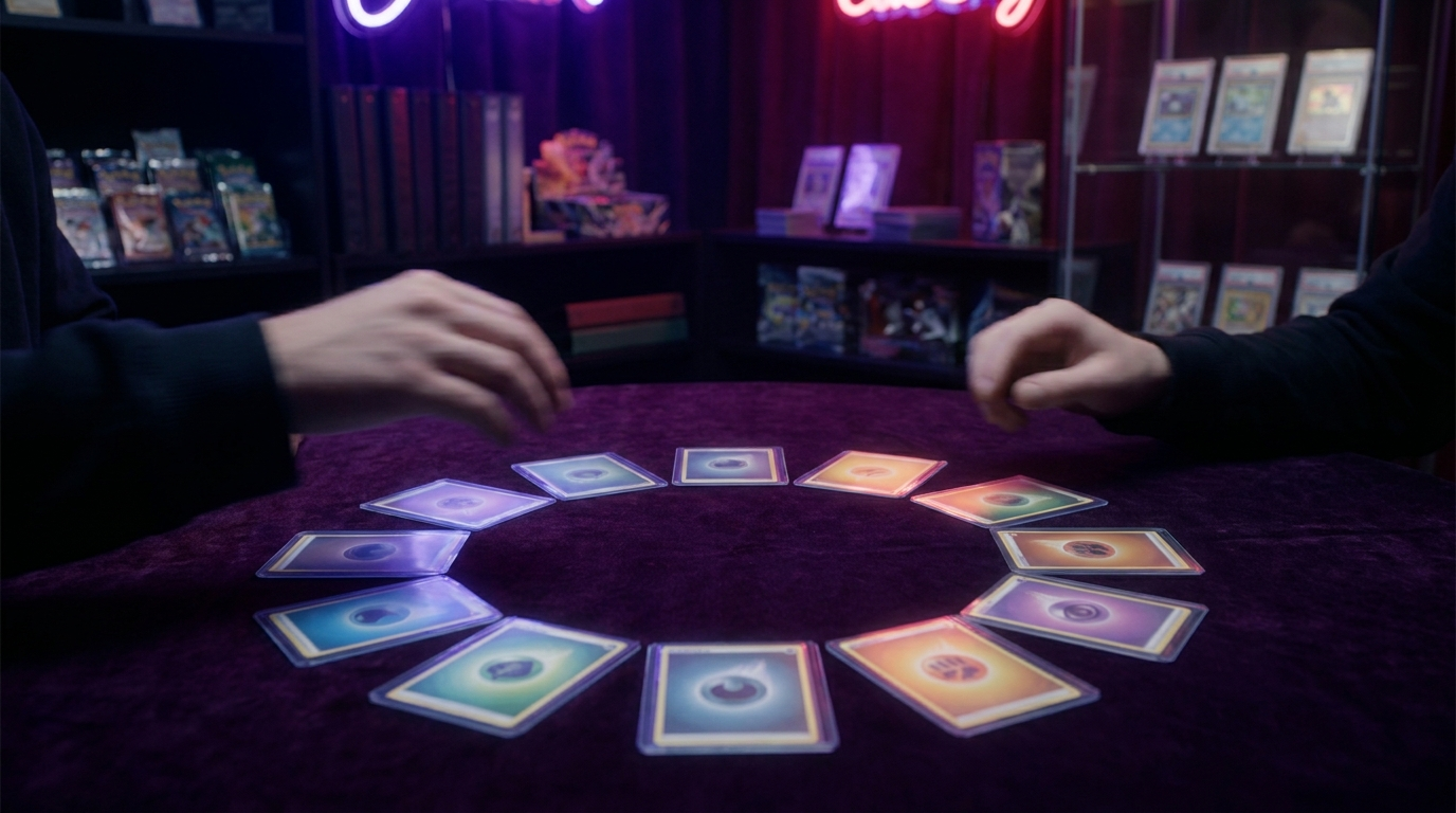 A hand placing a sleeved trading card into a premium zip binder under crimson neon lighting
