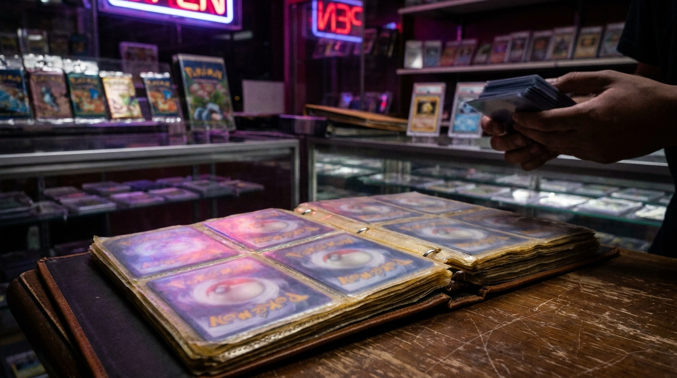 Graded card slab reflecting purple and magenta neon in a dark display case