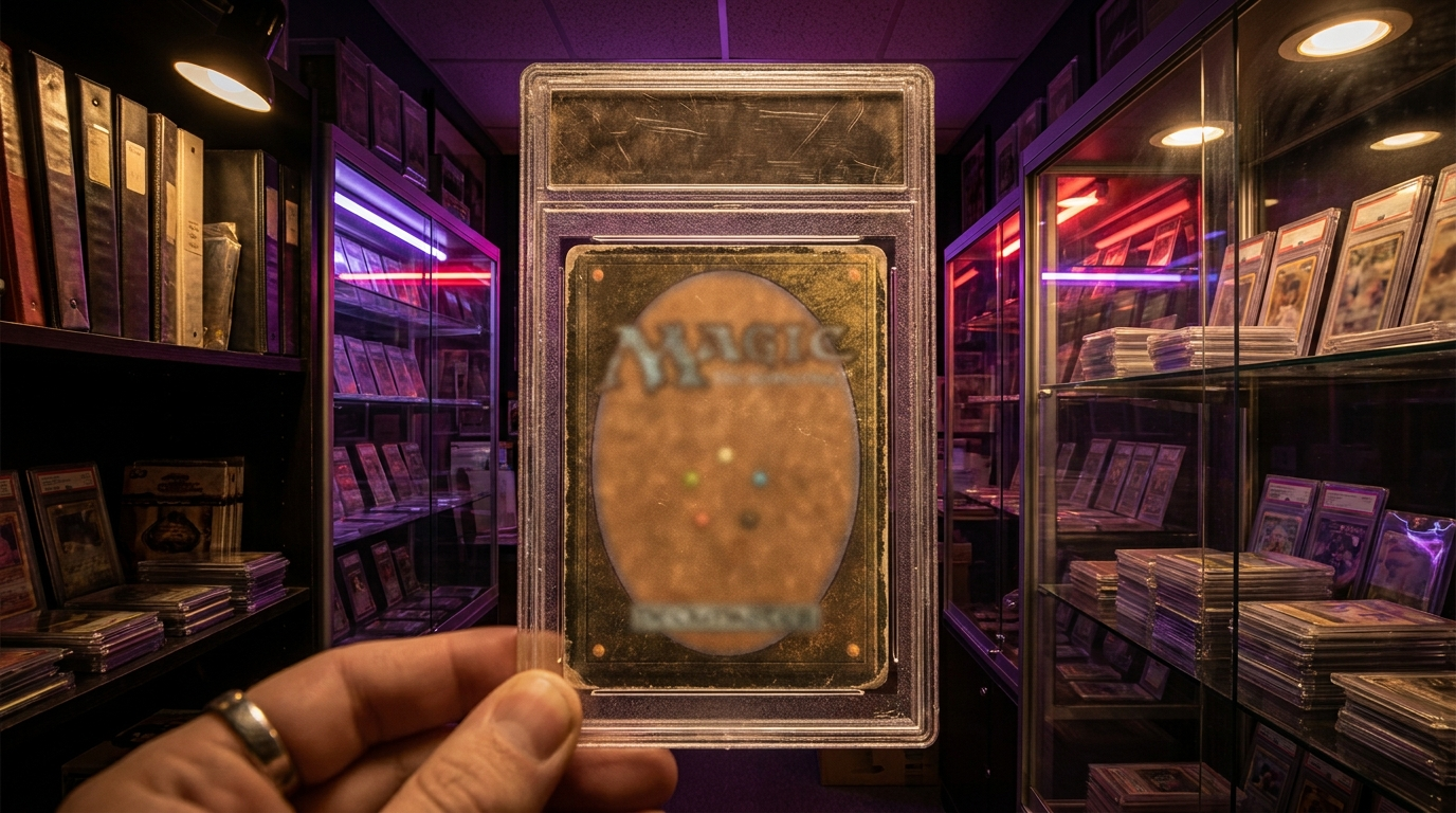 Vintage trading card in a protective sleeve held under moody purple lamplight