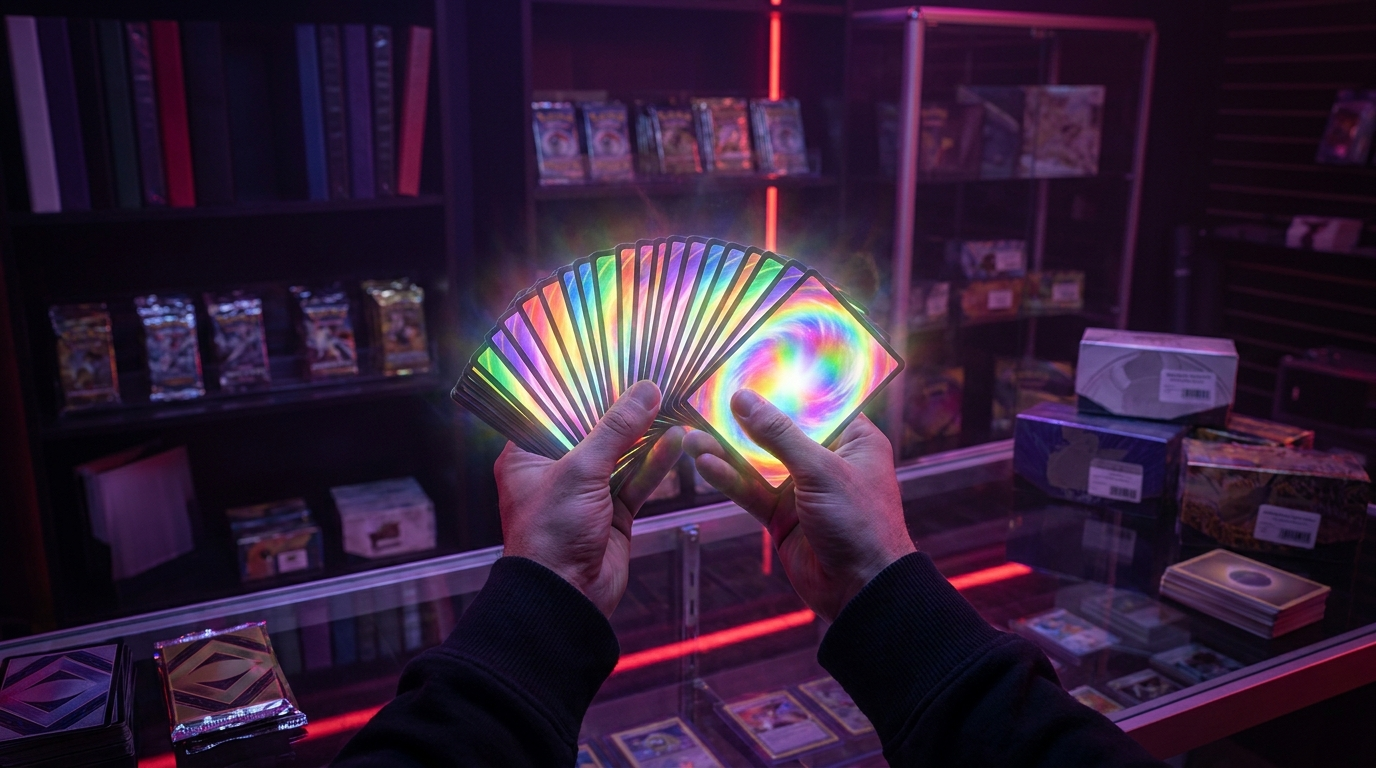 Fanned trading cards glowing with abstract holographic light on a dark table under magenta neon
