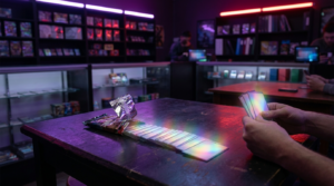 A single glowing booster pack on a dark pedestal lit by purple and crimson neon in a card shop