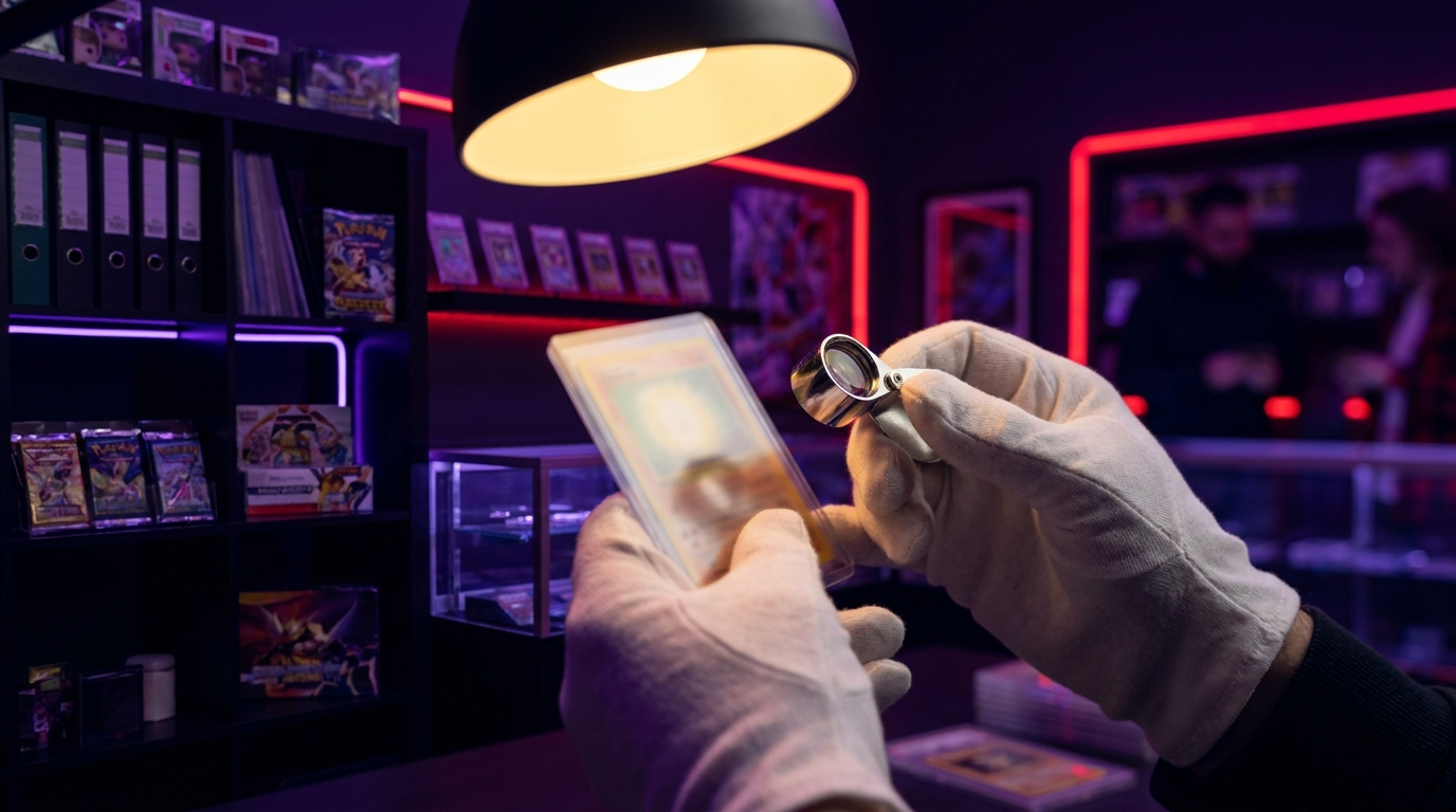 A hand holding a trading card in a protective slab against a moody purple-lit background