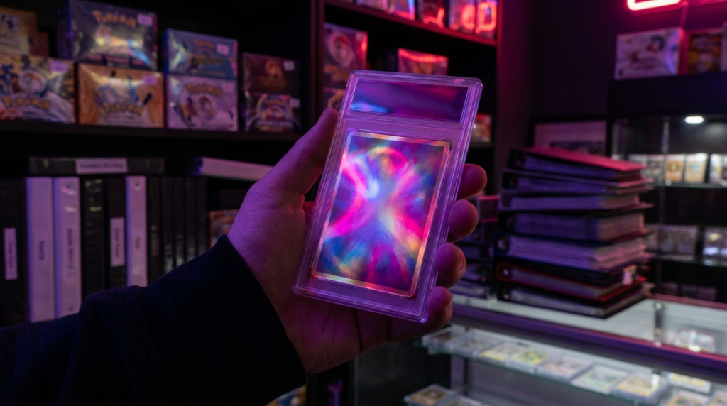 Graded trading card slabs lined up on a shelf under purple and magenta neon lighting in a card shop