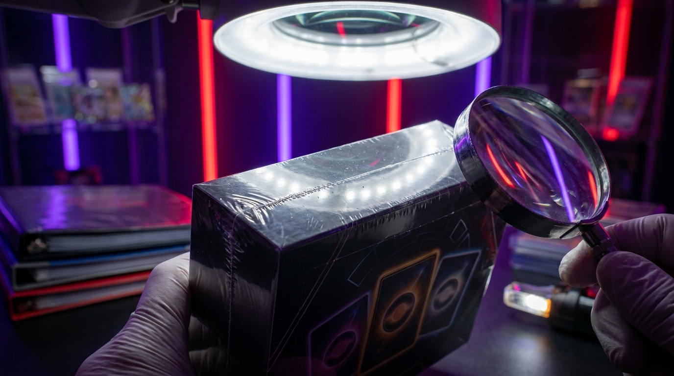 A sealed booster pack being inspected closely under magenta-tinted lighting