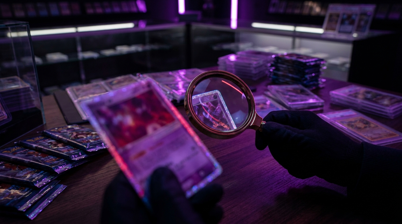 A hand holding a trading card up to a bright light in a dark room with purple neon accents
