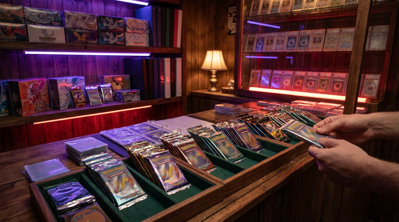 Hands opening a sealed booster pack above a dark counter with crimson accent lighting