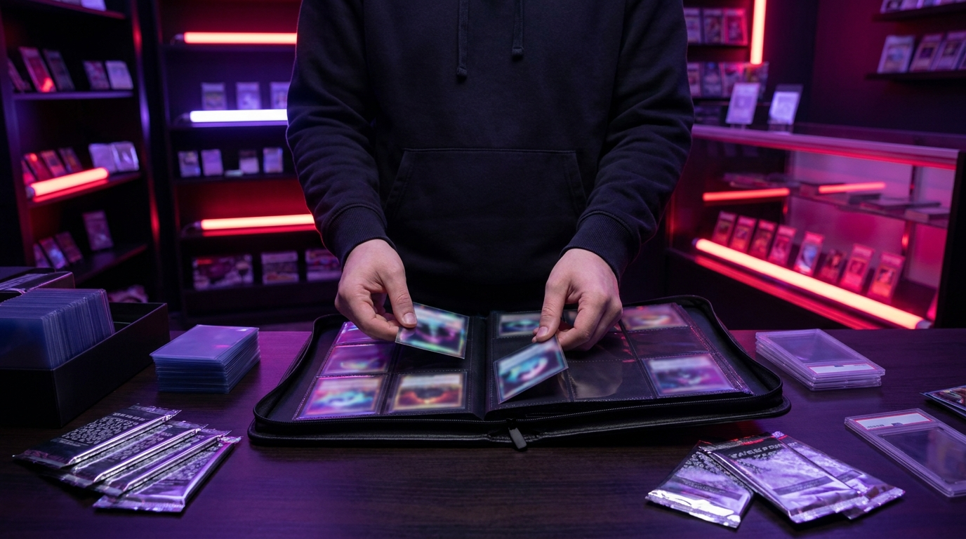 Card sleeves, toploaders and a small binder arranged neatly under moody shop lighting