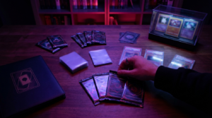 Beginner's collecting setup of packs, sleeves and a binder on a dark desk under purple neon light