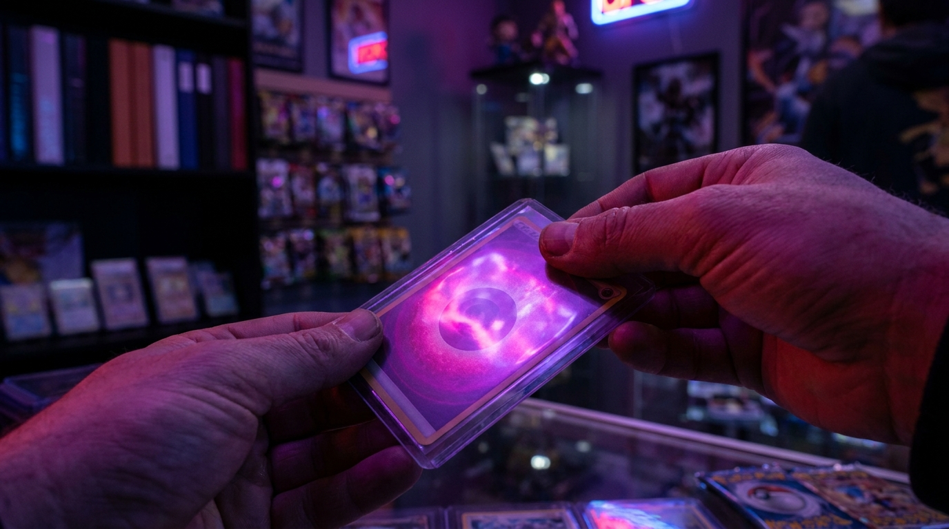 A hand sliding a sleeved trading card into a semi-rigid card saver on a dark desk