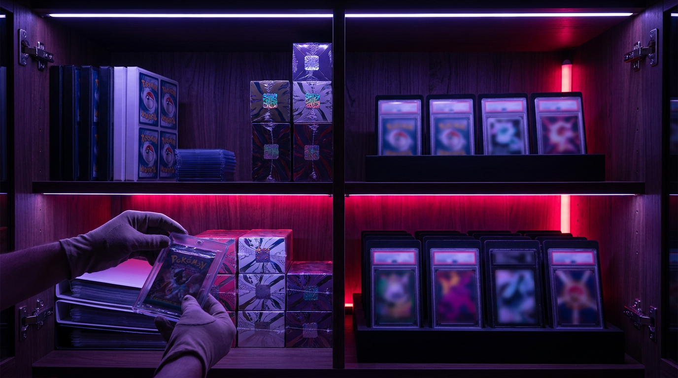 Sealed trading card boxes stored upright on a shaded shelf away from a sunlit window