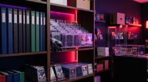 Trading card binders, sleeves and toploaders arranged neatly on a shelf lit by purple neon