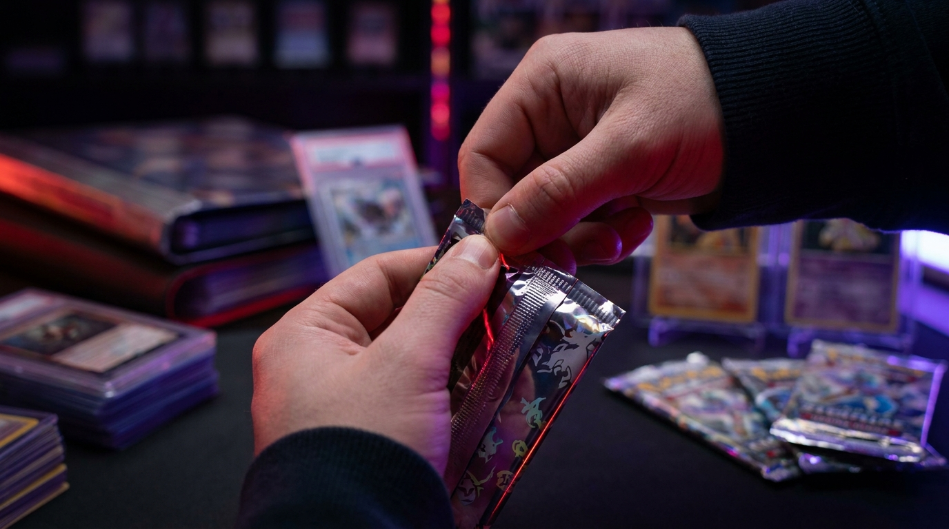 Close-up of an abstract patterned holographic card surface catching crimson light