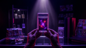 Single sleeved trading card glowing under a spotlight in a dark shop with purple and magenta neon