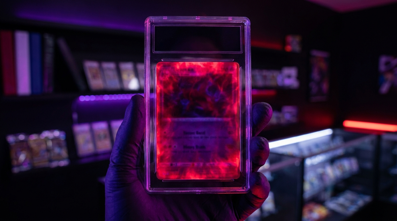 Sealed booster packs catching dramatic magenta light against a dark shop backdrop