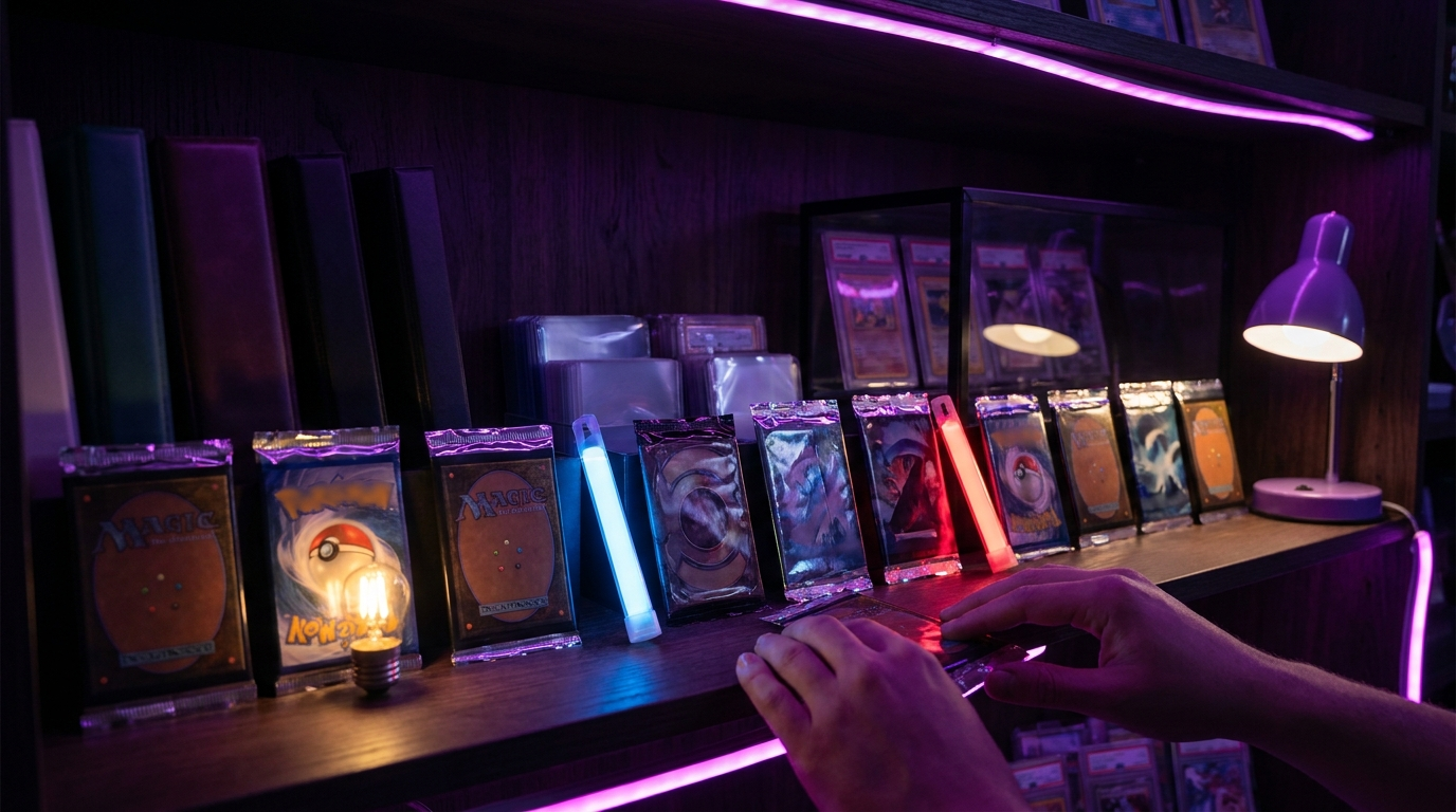 Close-up of a glowing, abstract holographic card surface in deep purple lighting
