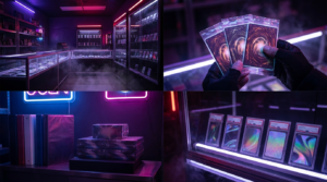 Rows of sealed trading card booster boxes on dark shelves lit with purple and crimson neon