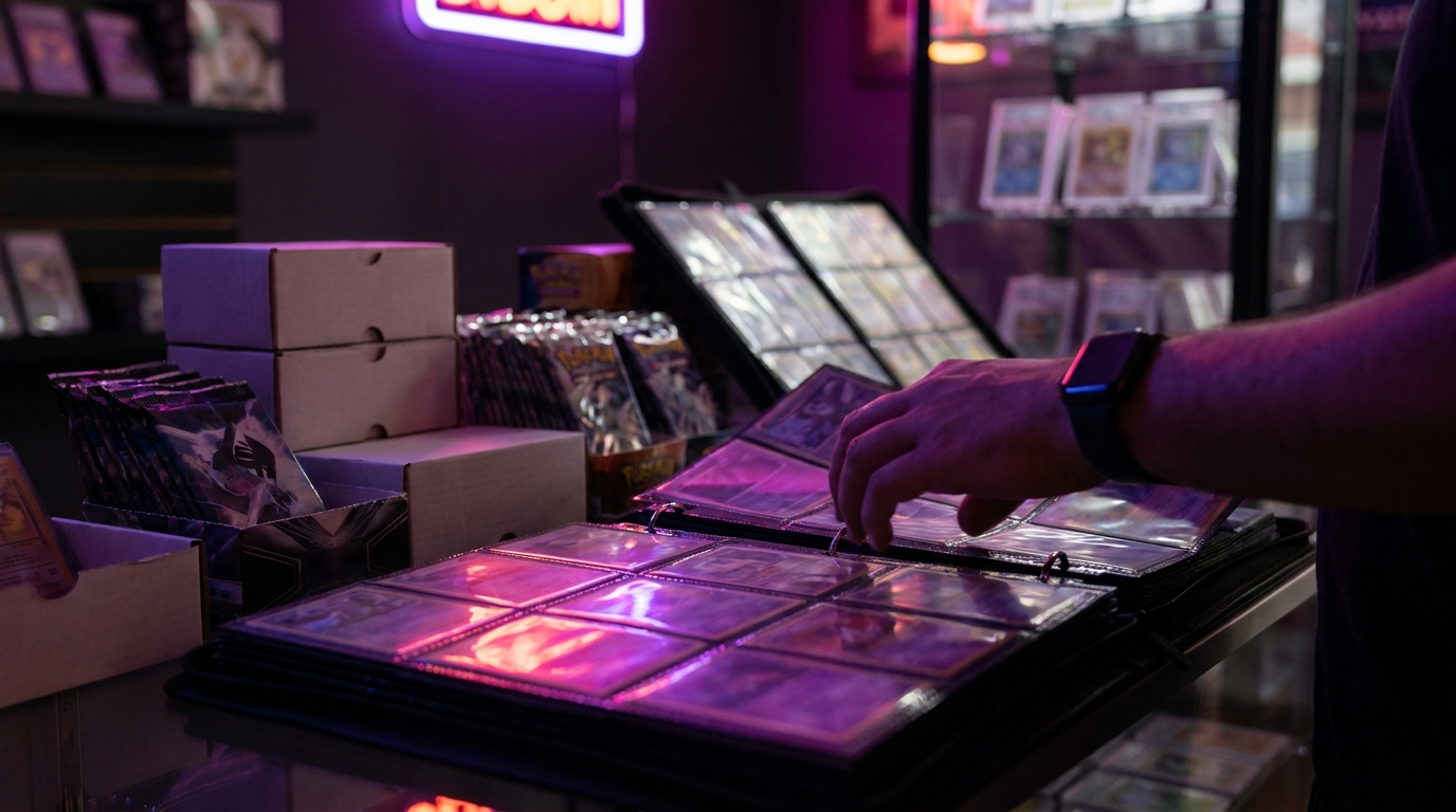 Hand holding a glowing, out-of-focus holographic trading card in a dimly lit card shop