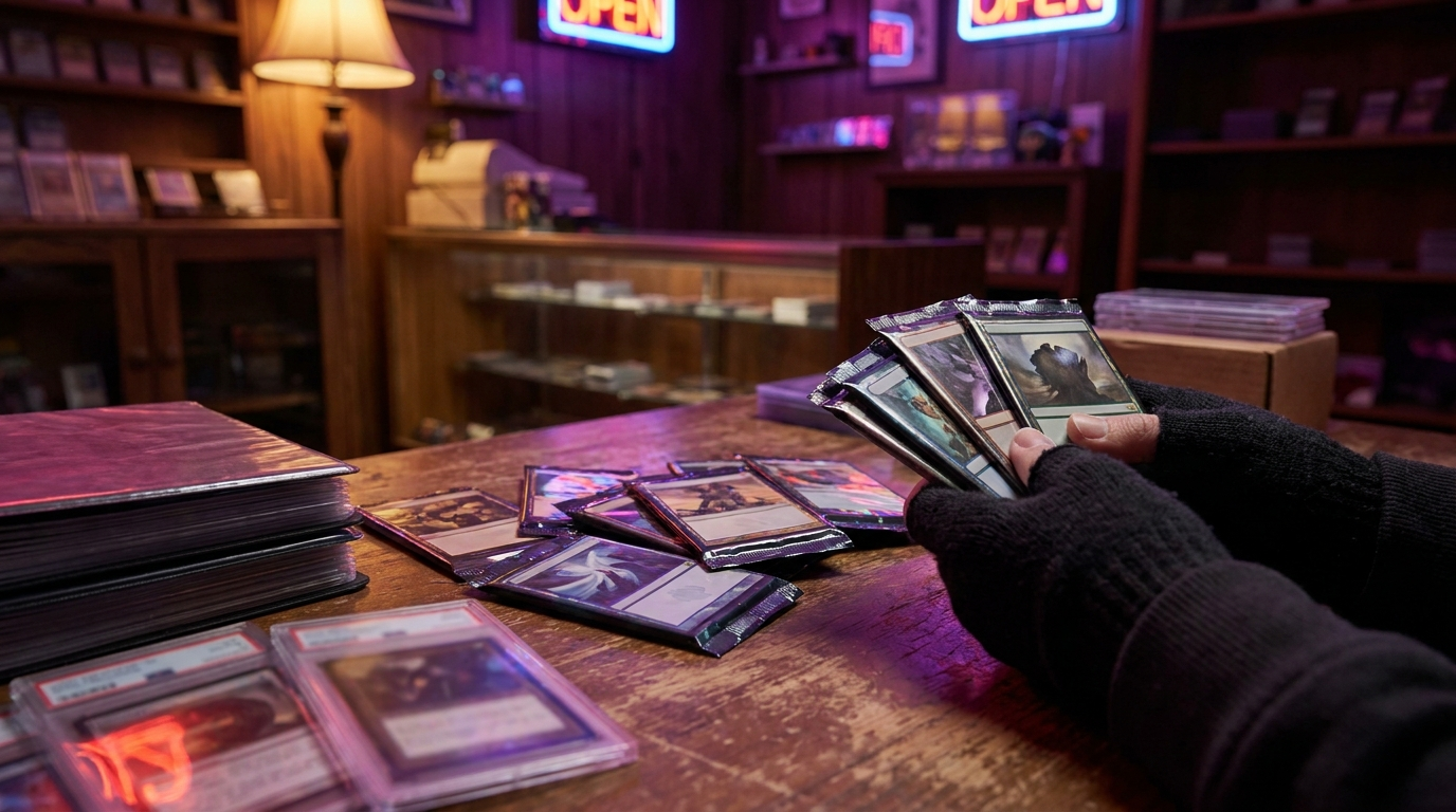 Stack of premium trading card collection boxes under moody magenta lighting