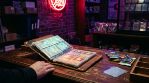 Sealed trading card booster packs arranged on a dark shelf lit by purple and crimson neon