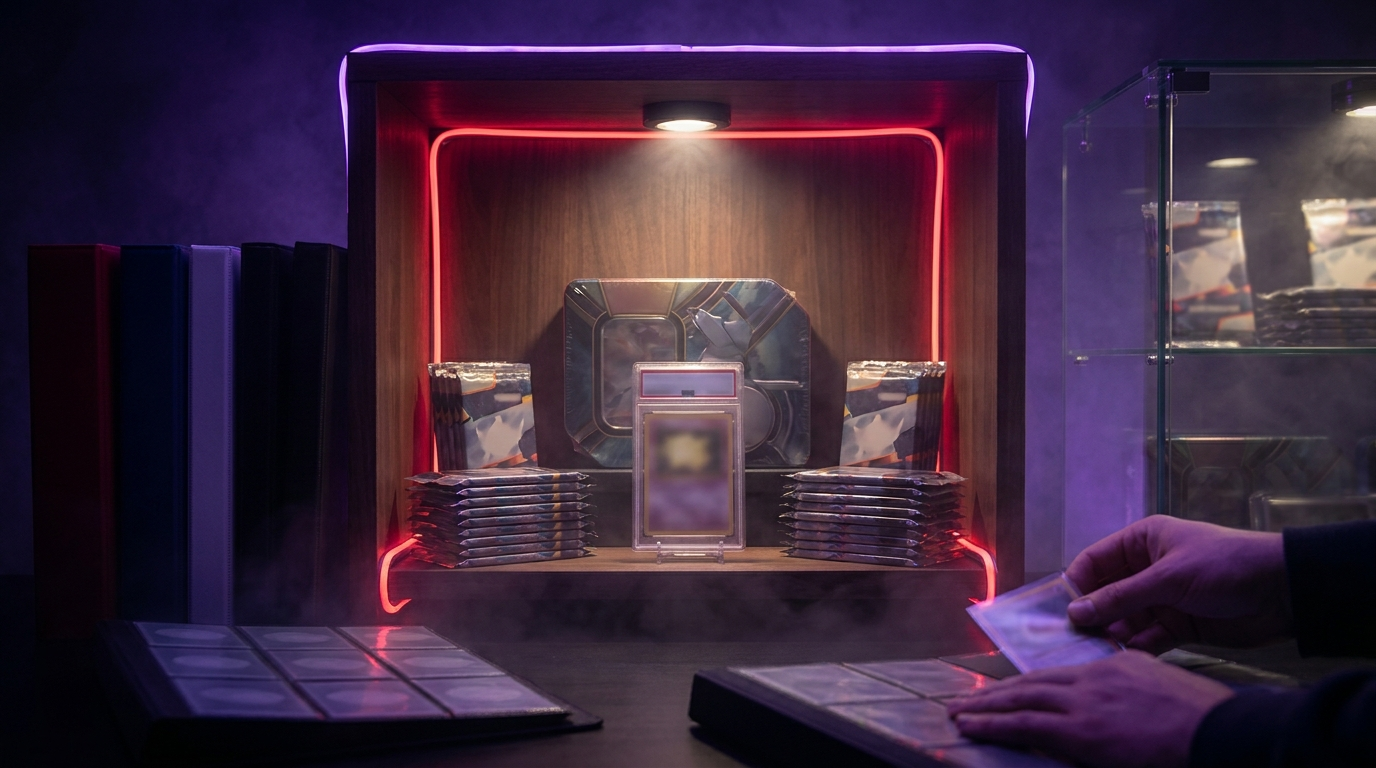 Collector comparing two sealed boxes at a counter in a moody card shop