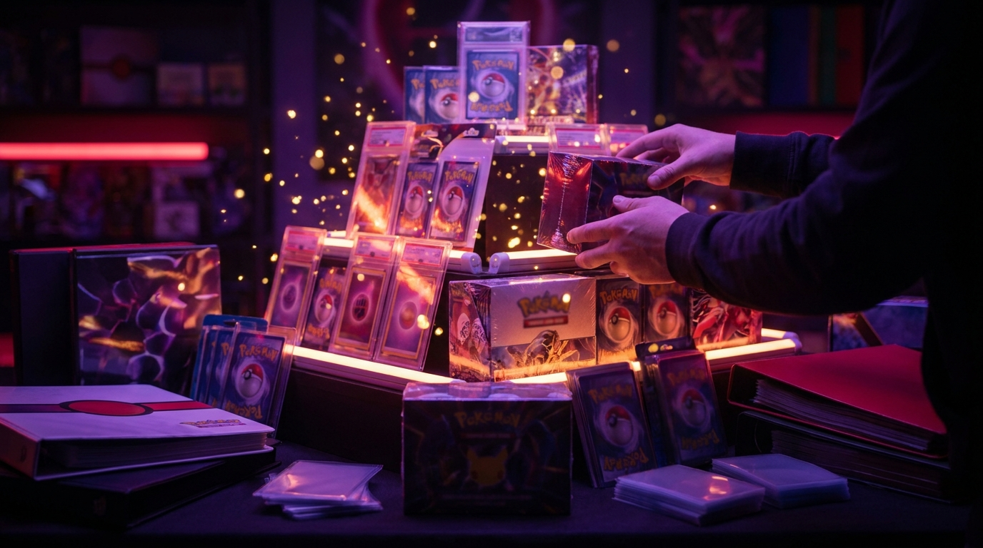Celebratory display of sealed trading card products under dramatic purple and magenta neon lighting