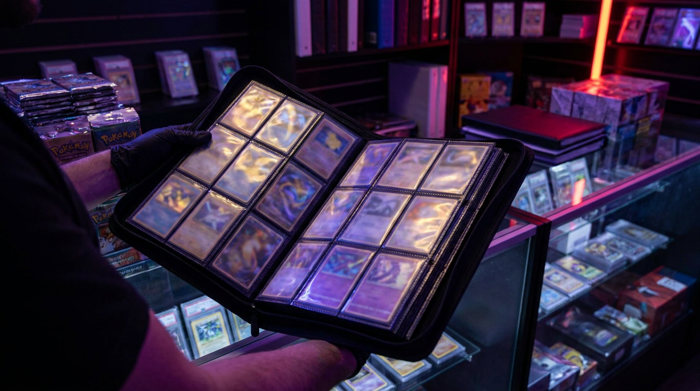 Single trading card displayed on a stand with dramatic crimson rim lighting