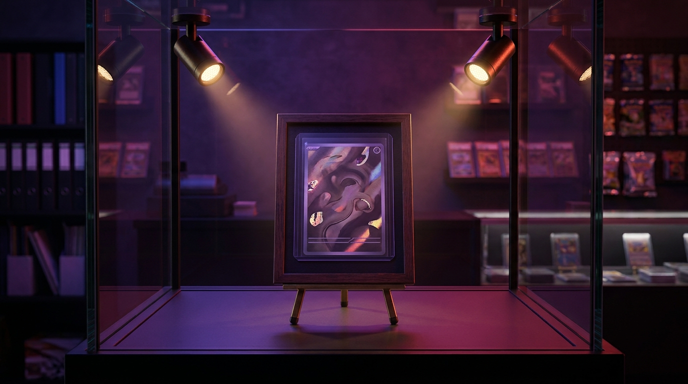 Collector browsing a premium binder of sleeved cards in a dark, neon-lit room