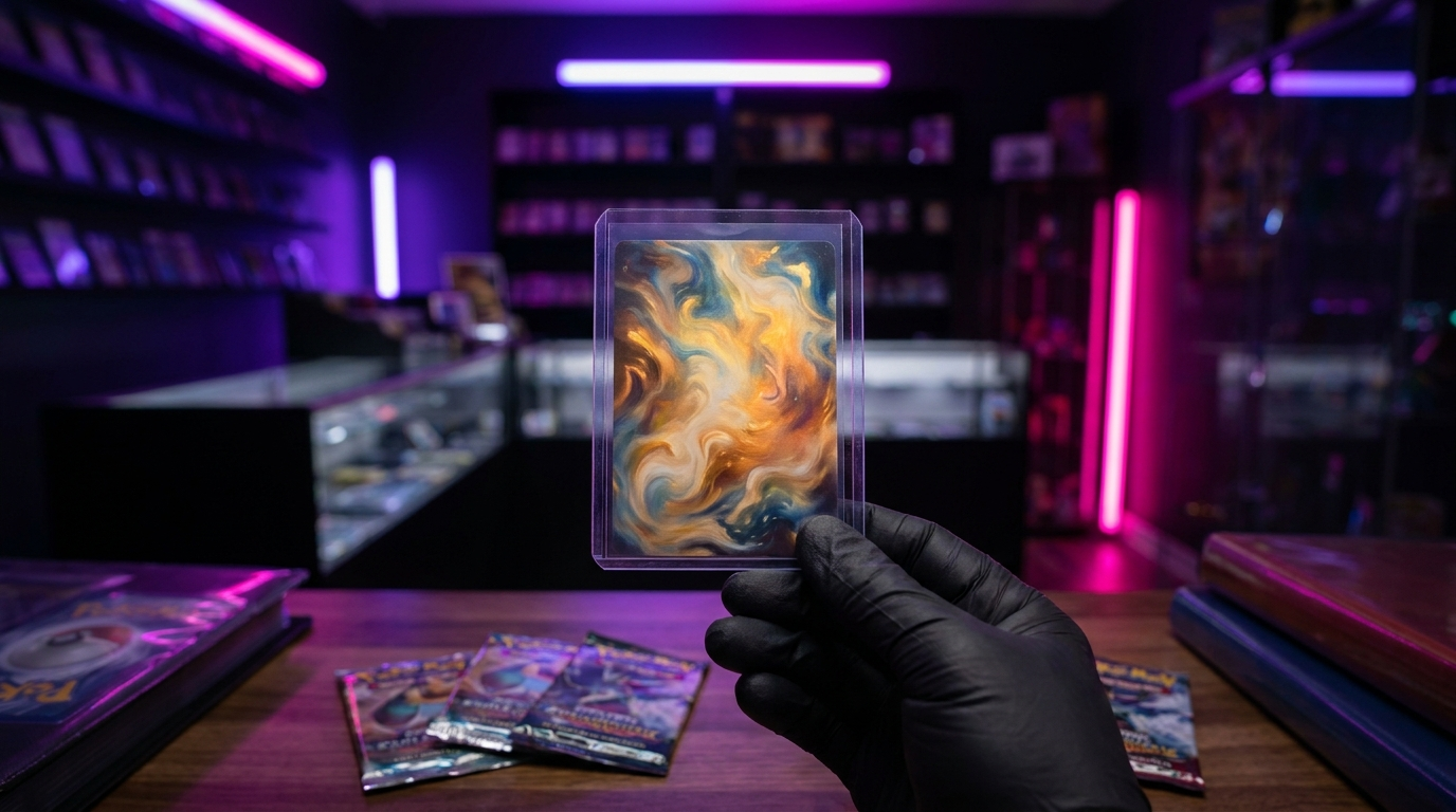 Fanned trading cards with glowing abstract artwork under purple and magenta neon light