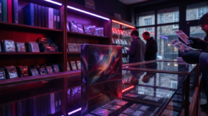 A sealed booster box on a shop counter bathed in deep purple and crimson neon light