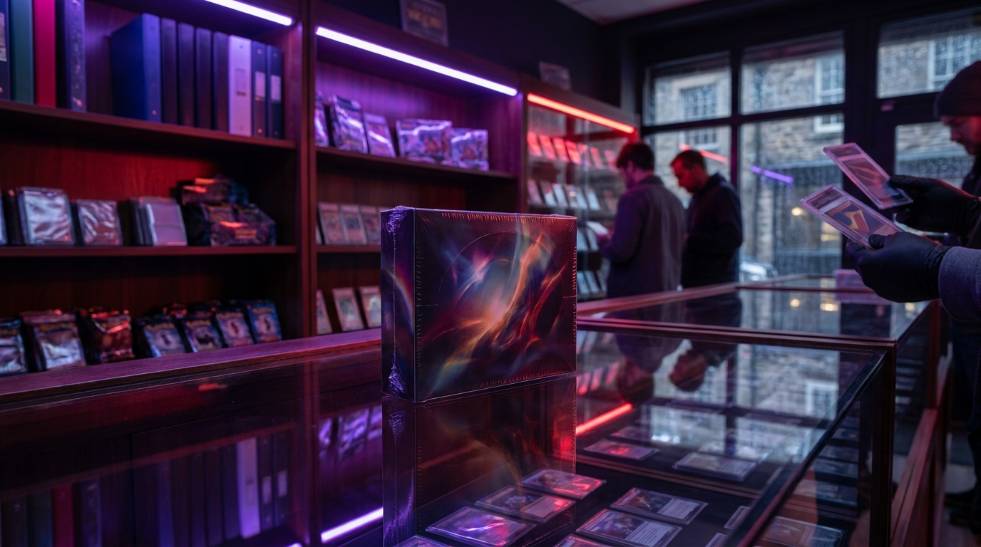 A sealed booster box on a shop counter bathed in deep purple and crimson neon light