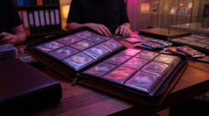 Premium zip binder open to a page of sleeved trading cards under purple neon shop lighting