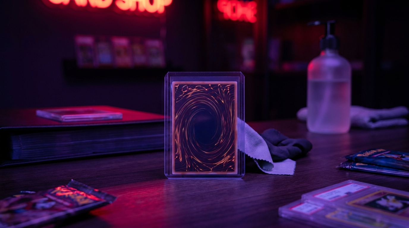 A trading card in a clear protective slab standing on a desk lit by crimson and purple neon