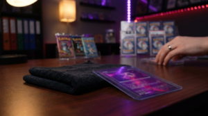 Gloved hands holding a sleeved trading card up to a purple neon light in a dark room