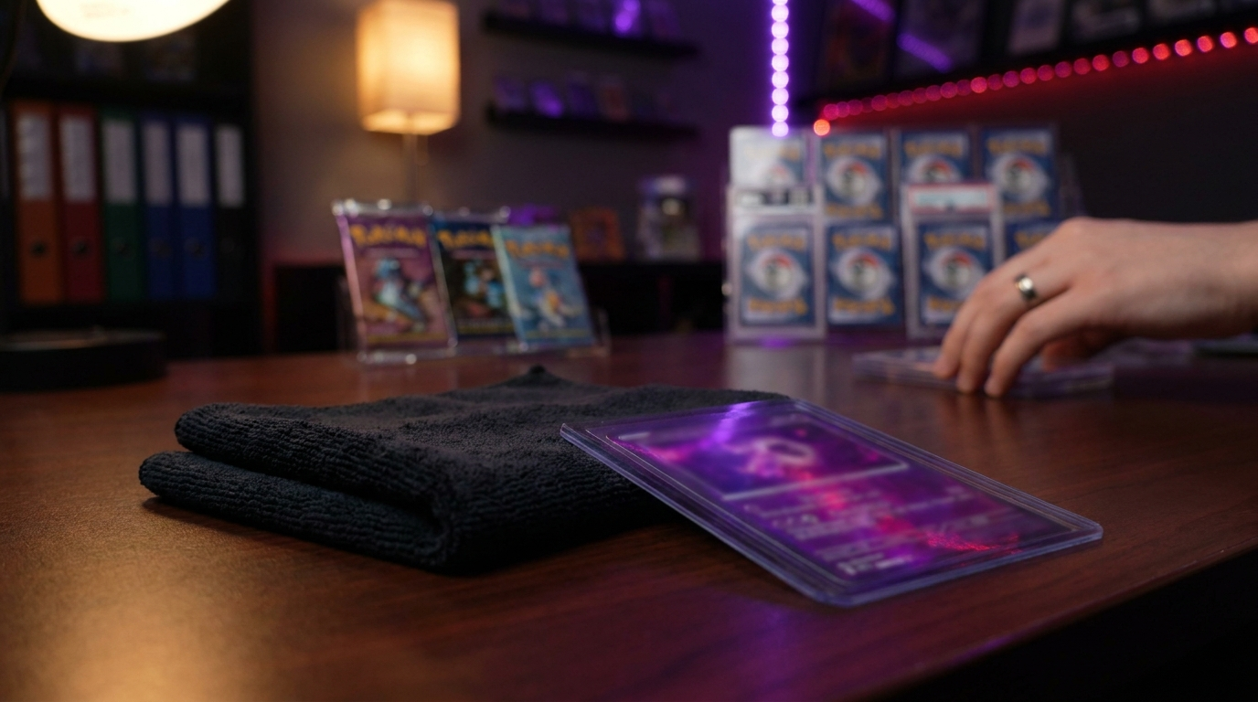 Gloved hands holding a sleeved trading card up to a purple neon light in a dark room