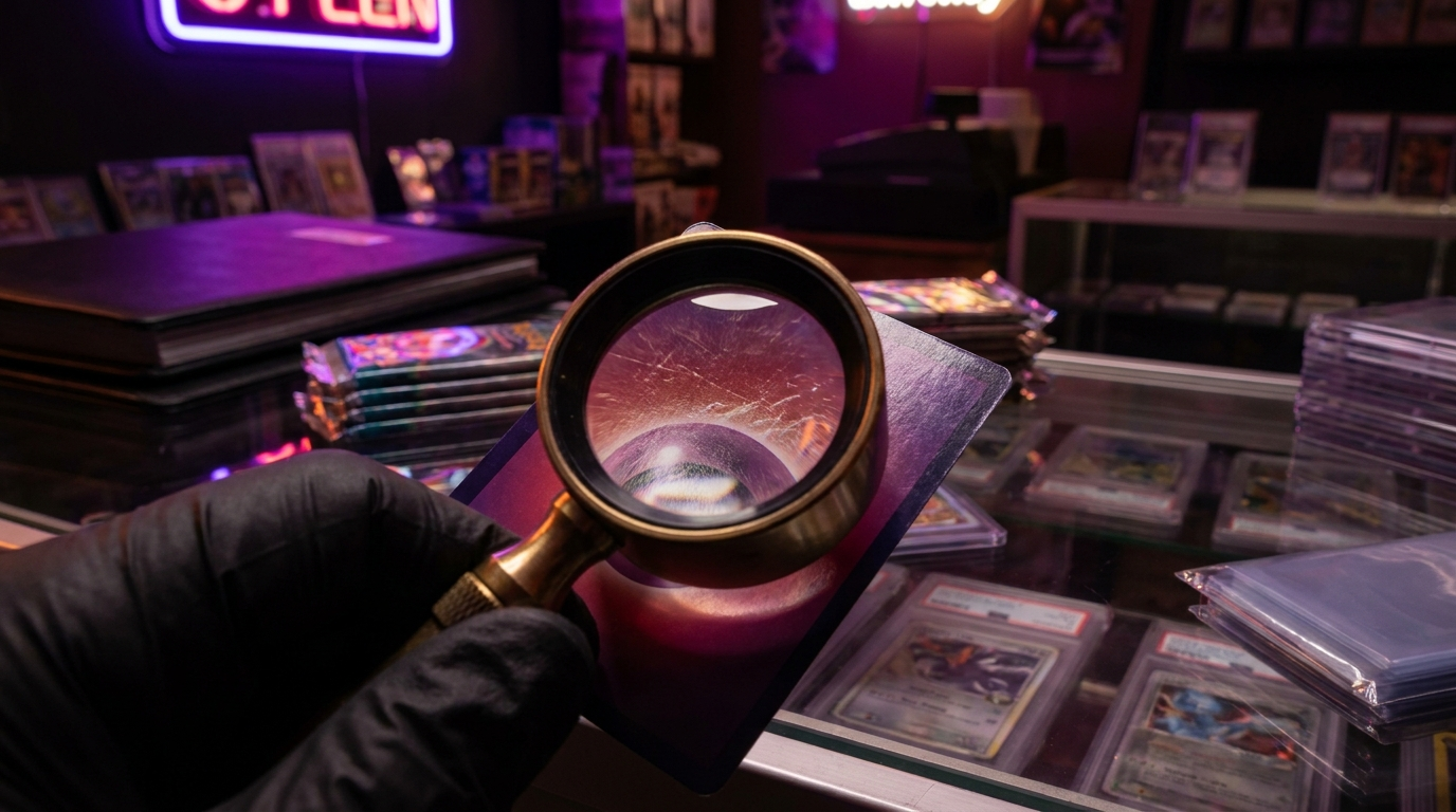 Jeweller's loupe resting on a stack of card sleeves on a dark desk with neon reflections