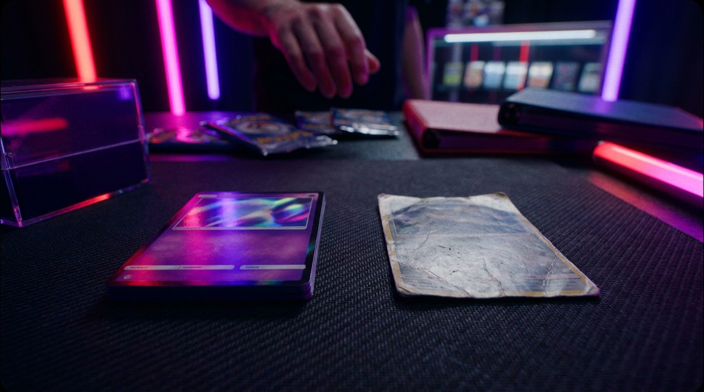 Trading card angled towards an LED lamp on a moody card shop counter