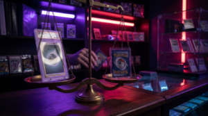 Graded trading card slab standing on a dark desk lit by purple and magenta neon light