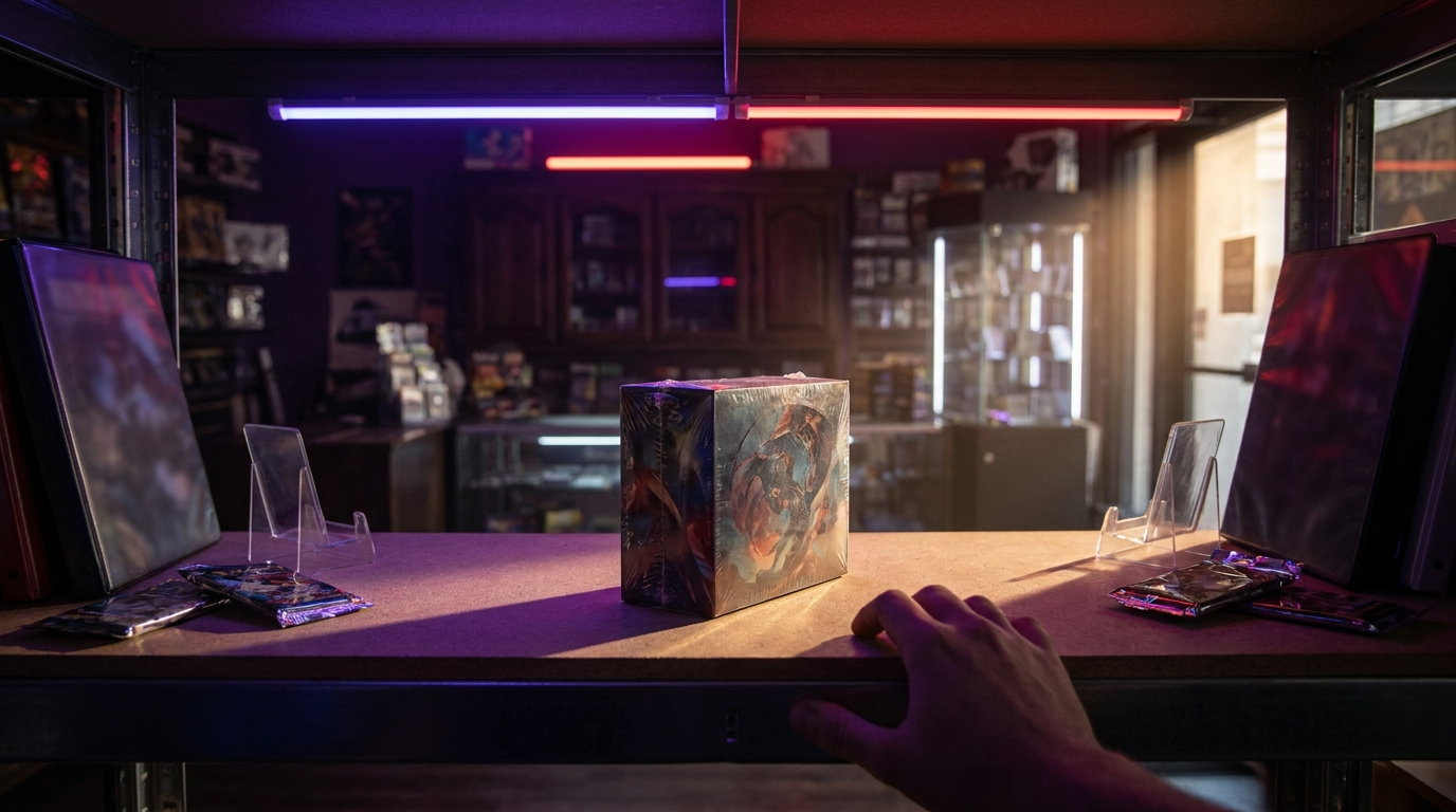 Rows of sealed booster boxes on shop shelving bathed in deep purple neon light