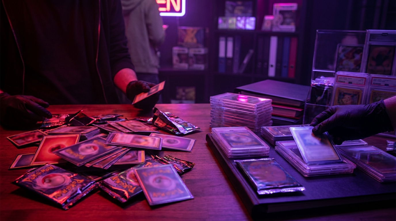 A stack of graded card slabs catching magenta neon light on a dark display shelf