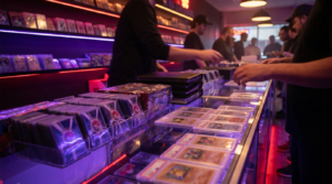 A dimly lit card shop counter stacked with sealed product under purple and crimson neon signage