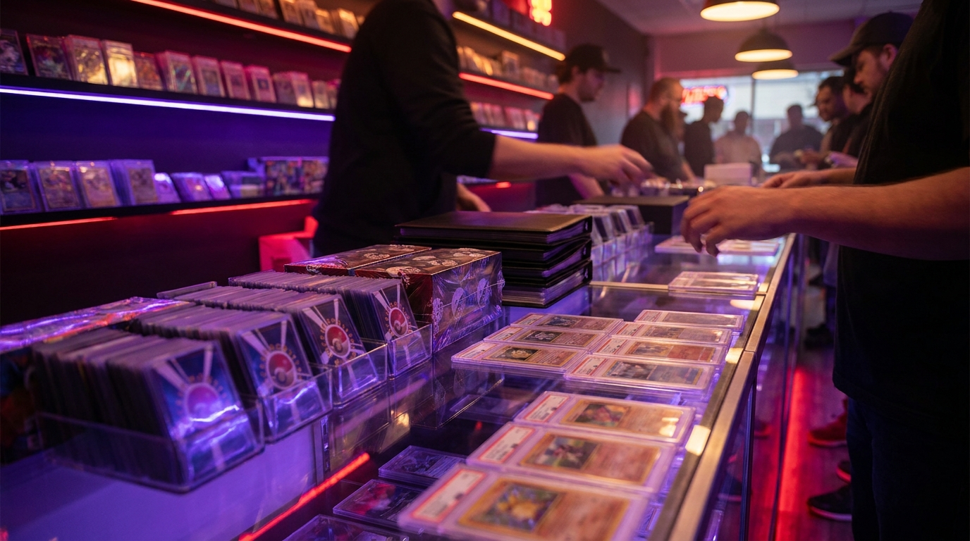 A dimly lit card shop counter stacked with sealed product under purple and crimson neon signage