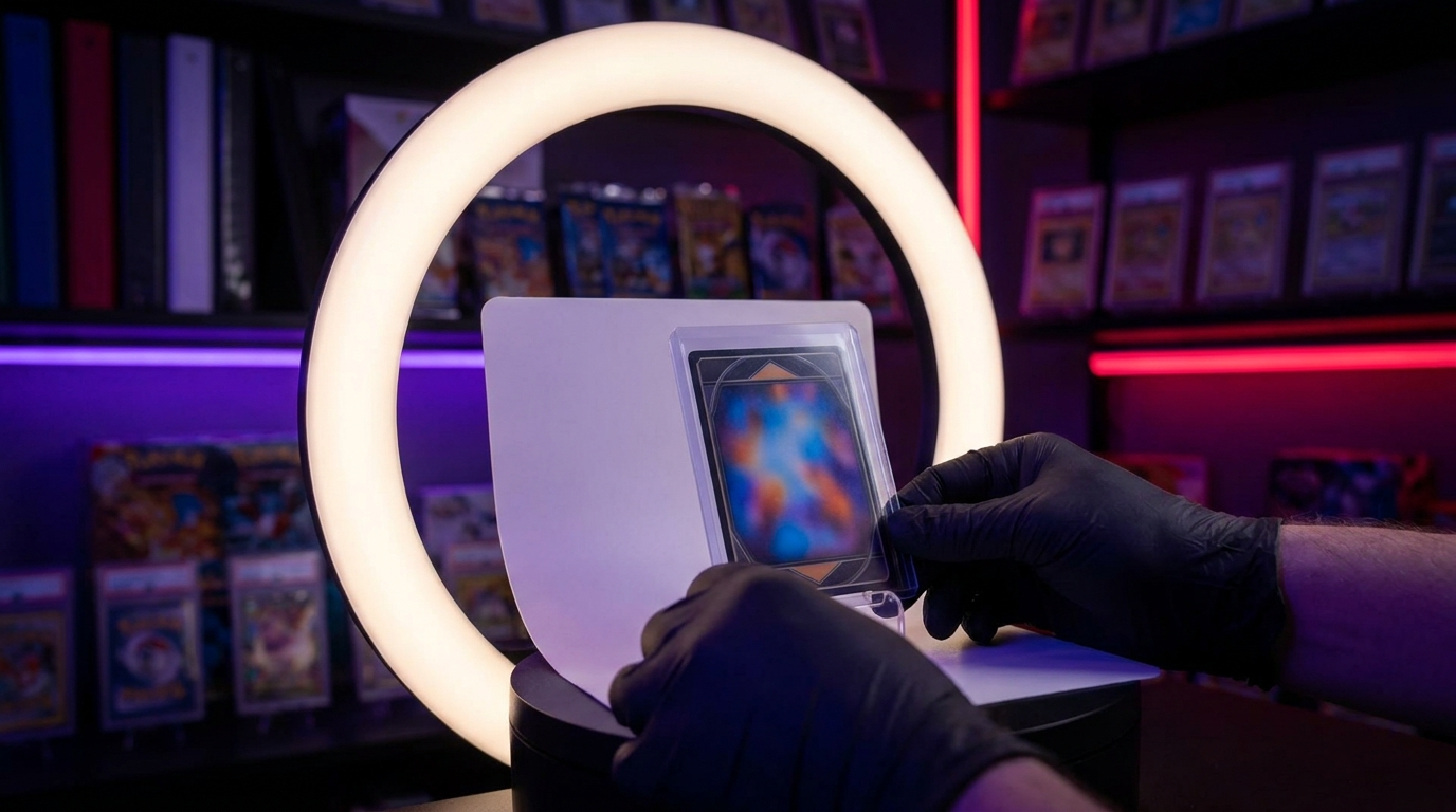 Phone on a small tripod photographing a sleeved trading card on a dark desk