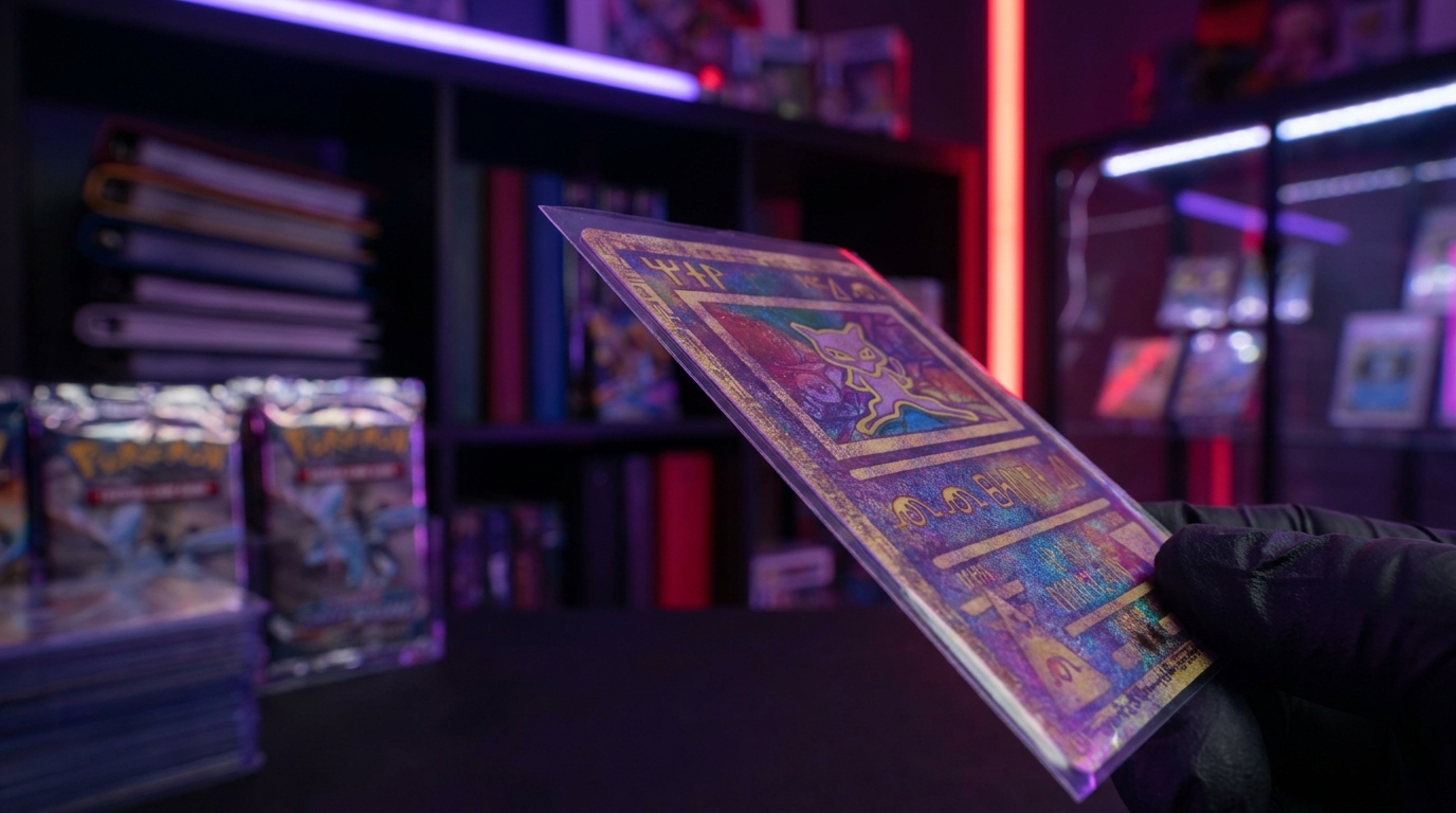 Close-up of a card corner being photographed under angled LED light